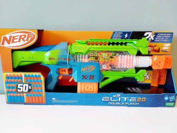 NERF Elite 2.0 Double Punch Blaster– Motorized, Dual-Barrel, 50 Darts
